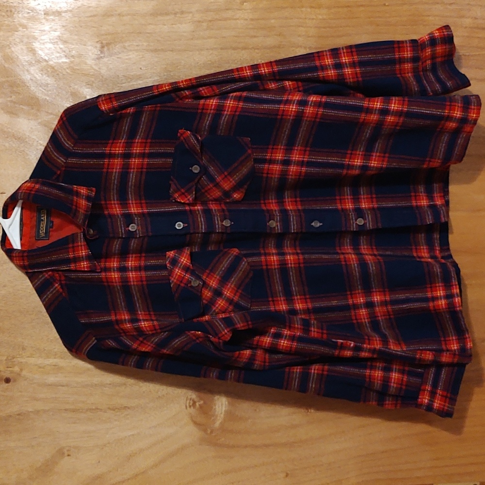 Woodland Mens Plaid Flannel Button-up Shirt Red Navy Blue Long Sleeve Size Large